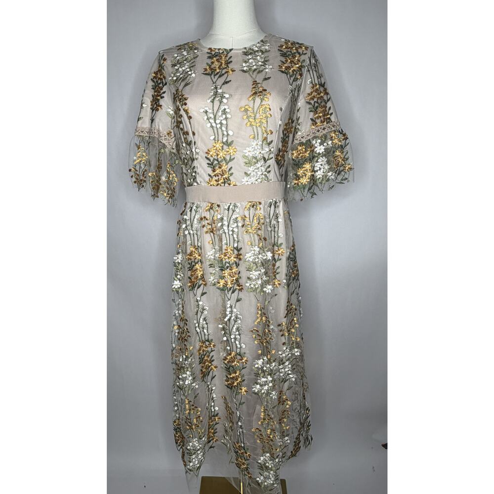 Embroidered Floral Mesh Midi Dress Cottagecore Romantic Prairie Boho